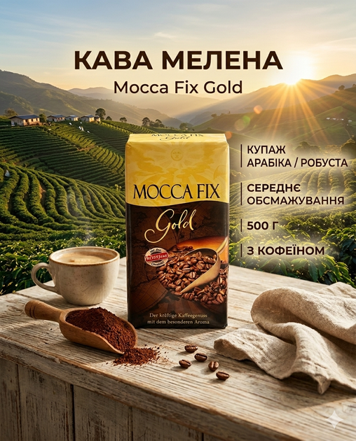 Кофе молотый Mocca Fix Gold 500 г купаж арабика/робуста, среднее обжаривание, средний помол - Фото 1 Кофе молотый Mocca Fix Gold 500 г купаж арабика/робуста, среднее обжаривание, средний помол - изображение 1