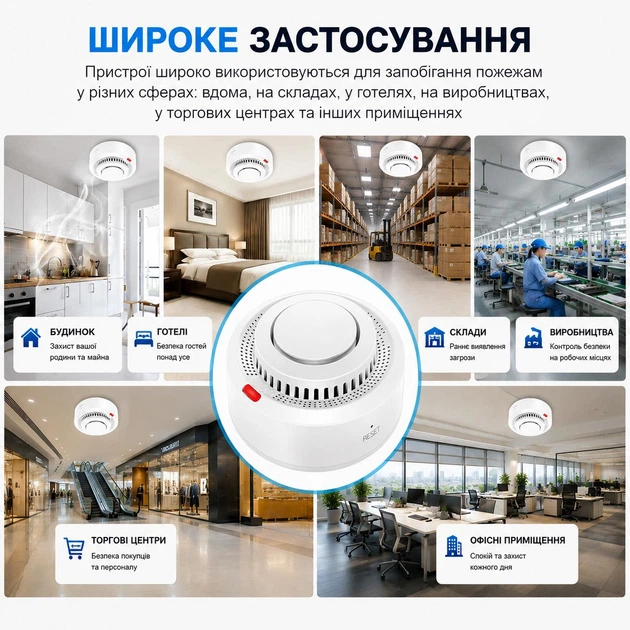Розумний Wi-Fi датчик диму DYGSM Tuya Smart / Smart Life 85 дБ — сигналізація пожежі з повідомленням на смартфон, WiFi, Білий - изображение 4