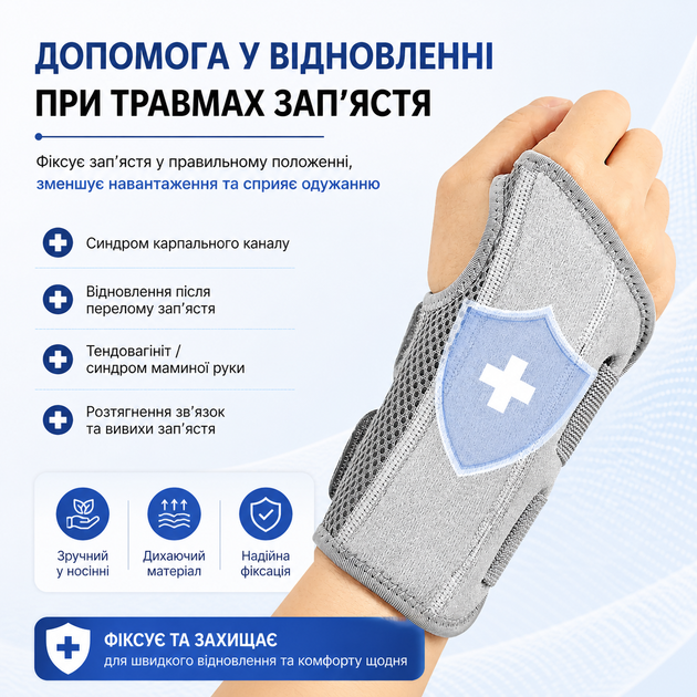 Фіксатор бандаж на зап’ястя для правої руки, розмір S/M, чорний, з фіксацією та вставками - зображення 3