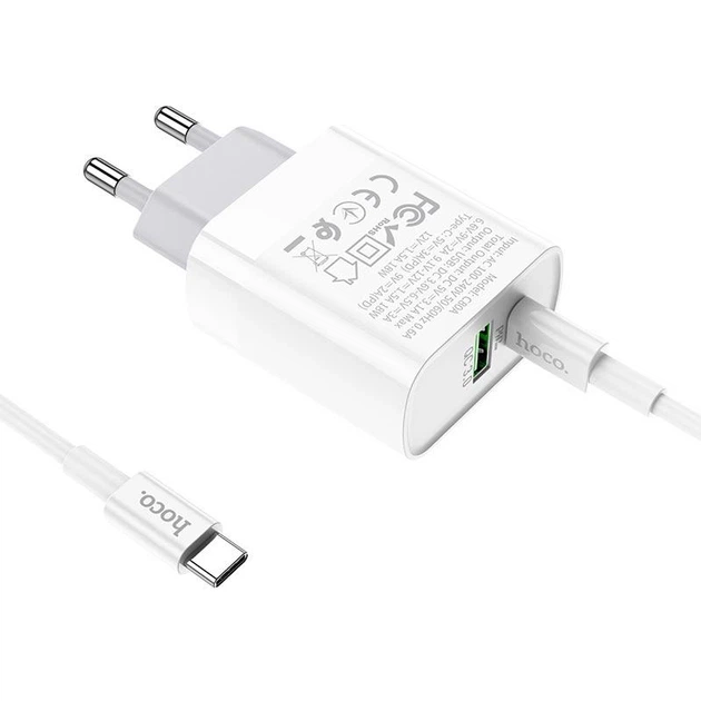 Мережевий зарядний пристрій Hoco C80A 20W PD QC3.0 USB + USB-C кабель Type-C to Lightning (1м) — White (741425) - зображення 3