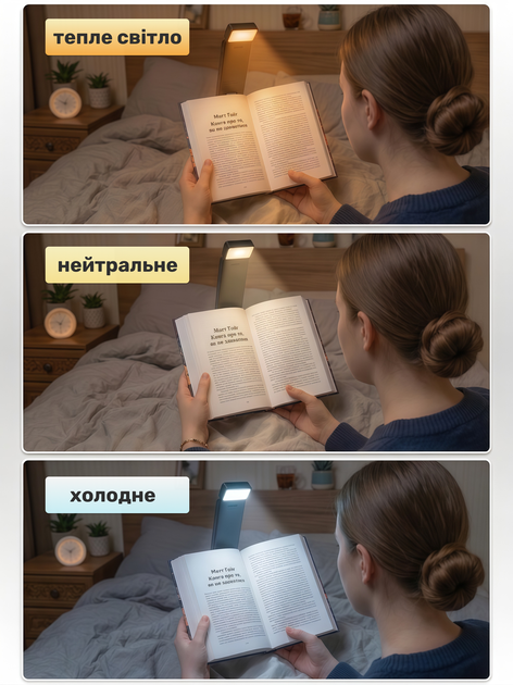 Лампа светильник для чтения книг с аккумулятором, светодиодная LED лампа светильник для книжек с Type-C, 5 режимов яркости − до 80 часов работы - изображение 4