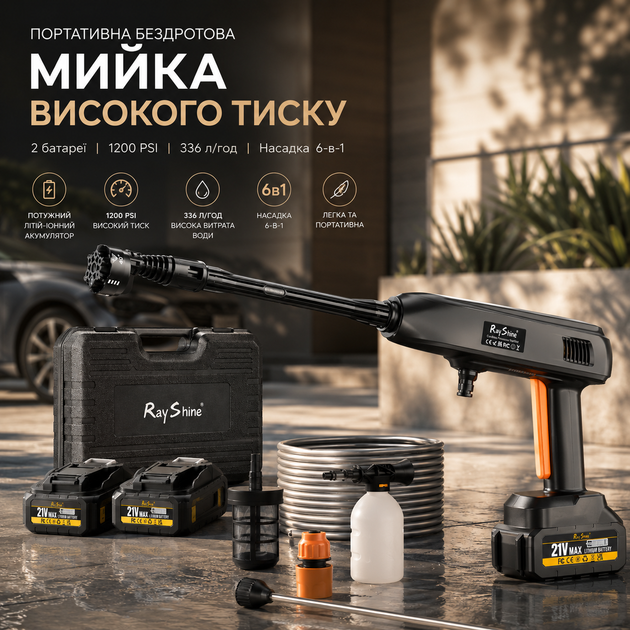 Аккумуляторная мойка высокого давления RayShine 1200 PSI: 2 батареи 21V, насадка 6-в-1, кейс, пенокомплект, 336 л/ч - изображение 2