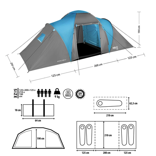 Кемпінгова палатка NILS CAMP NC6431 HIGHLAND IV сіро-блакитний - зображення 5