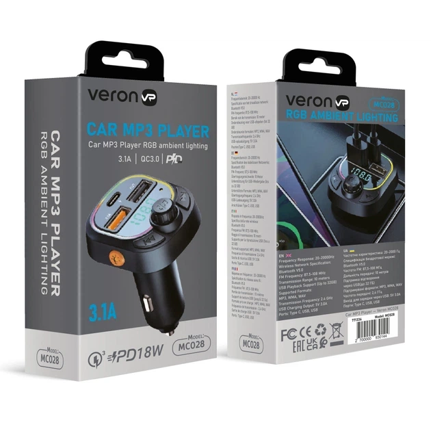 FM модулятор MP3 с Bluetooth 5.0 — Veron MC028 Mix Color (771336) - изображение 2