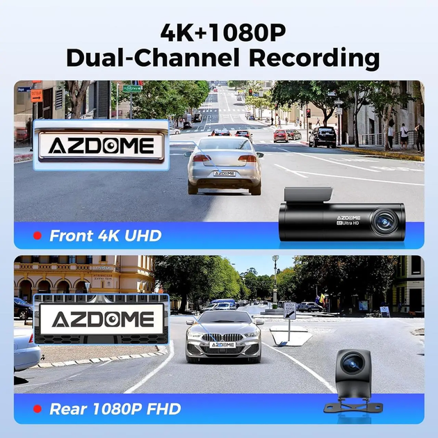 Видеорегистратор с разрешением 4K +1080P - AZDOME M300S, WiFi 6, GPS, английский голосовой контроль Черный - изображение 7