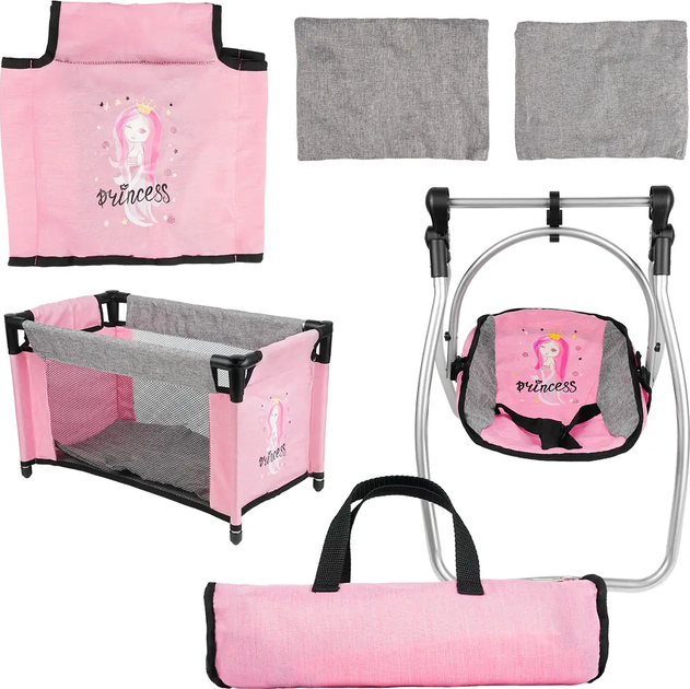 Zestaw dla lalek MalPlay Princess 2 w 1: łóżeczko, krzesełko do karmienia, huśtawka, pościel, torba 113580 PinkGrey (5901924244967) - Zdjęcie 2 Zestaw dla lalek MalPlay Princess 2 w 1: łóżeczko, krzesełko do karmienia, huśtawka, pościel, torba 113580 PinkGrey (5901924244967) - obraz 2