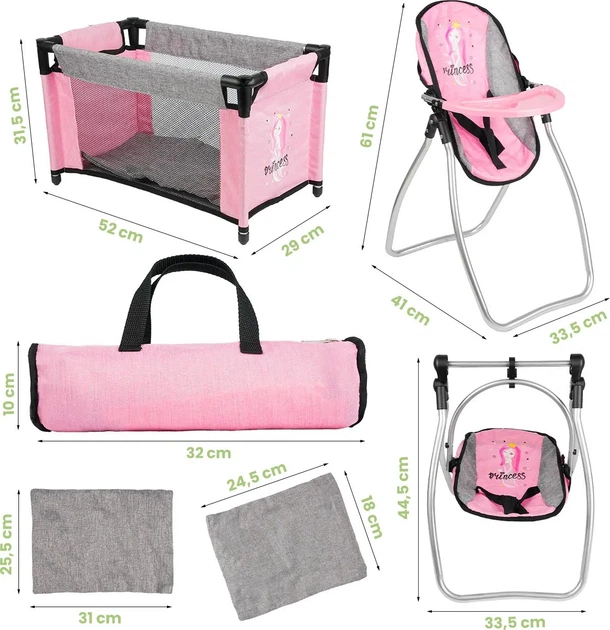 Zestaw dla lalek MalPlay Princess 2 w 1: łóżeczko, krzesełko do karmienia, huśtawka, pościel, torba 113580 PinkGrey (5901924244967) - Zdjęcie 3 Zestaw dla lalek MalPlay Princess 2 w 1: łóżeczko, krzesełko do karmienia, huśtawka, pościel, torba 113580 PinkGrey (5901924244967) - obraz 3