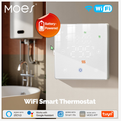 WiFi термостат MOES Tuya Smart Life WHT-S03, беспроводной, на батарейках, управление со смартфона, Alexa/Google Home, белый - Фото 2 WiFi термостат MOES Tuya Smart Life WHT-S03, беспроводной, на батарейках, управление со смартфона, Alexa/Google Home, белый - изображение 2