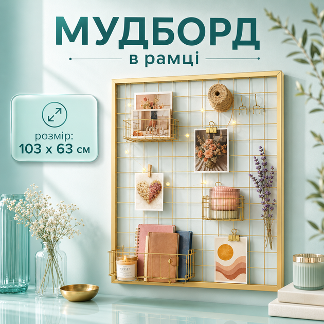 Мудборд органайзер WUW золотой в рамке 103×63 см металлическая доска желаний для любого декора стильная - Фото 1 Мудборд органайзер WUW золотой в рамке 103×63 см металлическая доска желаний для любого декора стильная - изображение 1
