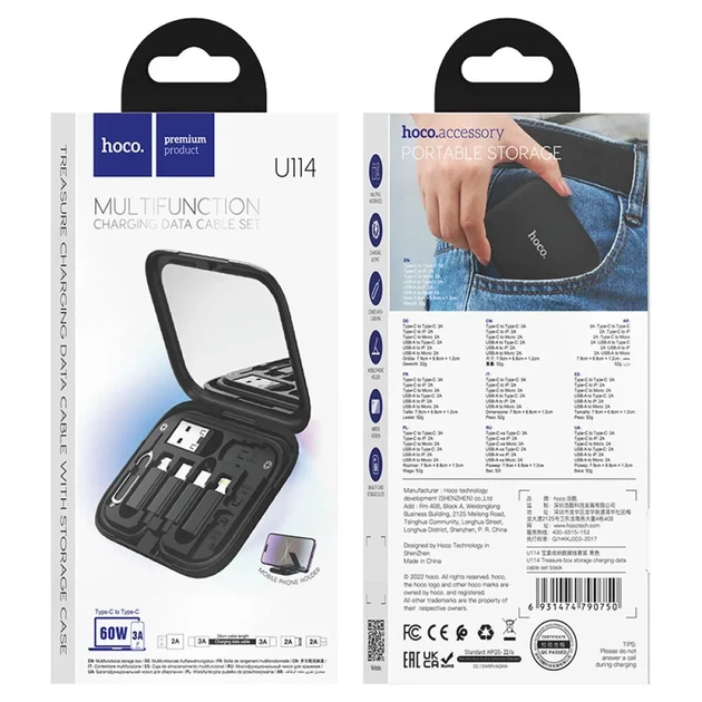 Набір кабелів HOCO U114 Treasure Box 60W, USB Type-C / Lightning / Micro USB, адаптери та SIM-голка, кейс для зберігання, 1.2 м для підключення пристроїв, чорний - Фото 2 Набір кабелів HOCO U114 Treasure Box 60W, USB Type-C / Lightning / Micro USB, адаптери та SIM-голка, кейс для зберігання, 1.2 м для підключення пристроїв, чорний - зображення 2
