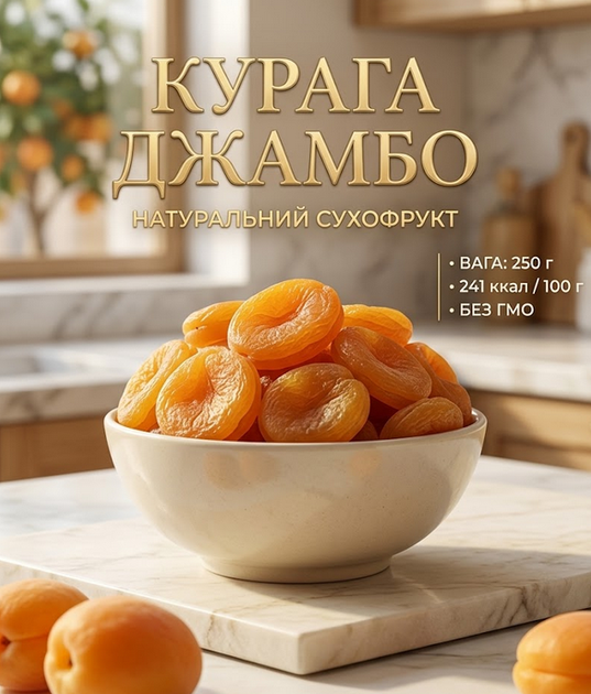 Курага Джамбо 250 г натуральный сушеный абрикос собственное производство - Фото 1 Курага Джамбо 250 г натуральный сушеный абрикос собственное производство - изображение 1