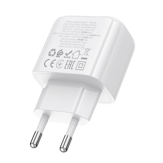 Мережевий зарядний пристрій BOROFONE BAS45A Potential PD30W+QC3.0 charger(EU) White - зображення 6