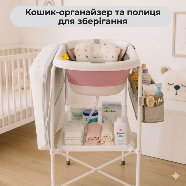 Дитячий пеленальний столик з ванночкою X-658 2 в 1 складний пеленатор для новонароджених Рожевий - зображення 5