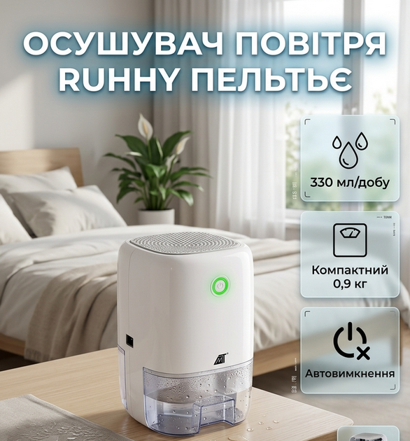 Осушувач повітря Ruhhy 22,5 Вт 330 мл/добу резервуар 800 мл Пельтьє тихий компактний автоматичне вимкнення - Фото 1 Осушувач повітря Ruhhy 22,5 Вт 330 мл/добу резервуар 800 мл Пельтьє тихий компактний автоматичне вимкнення - зображення 1