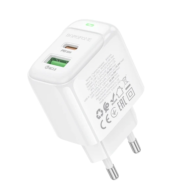 Мережевий зарядний пристрій BOROFONE BAS45A Potential PD30W+QC3.0 charger(EU) White - Фото 5 Мережевий зарядний пристрій BOROFONE BAS45A Potential PD30W+QC3.0 charger(EU) White - зображення 5