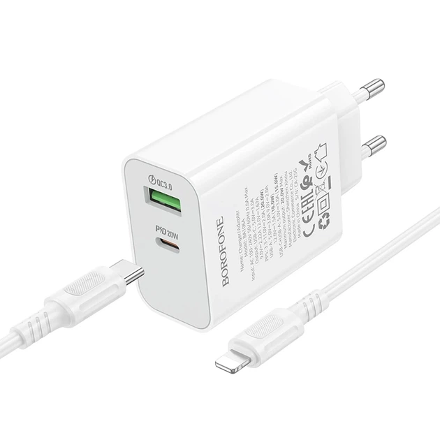 Мережевий зарядний пристрій з кабелем BOROFONE BA106A Stellar PD20W+QC3.0 charger set (C to iP) (EU) White - зображення 3