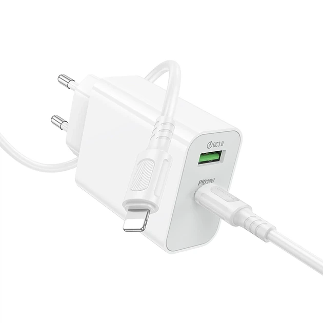 Мережевий зарядний пристрій з кабелем BOROFONE BA106A Stellar PD20W+QC3.0 charger set (C to iP) (EU) White - зображення 4