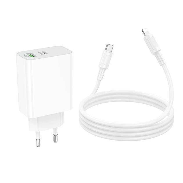 Мережевий зарядний пристрій з кабелем BOROFONE BA106A Stellar PD20W+QC3.0 charger set (C to iP) (EU) White - зображення 7