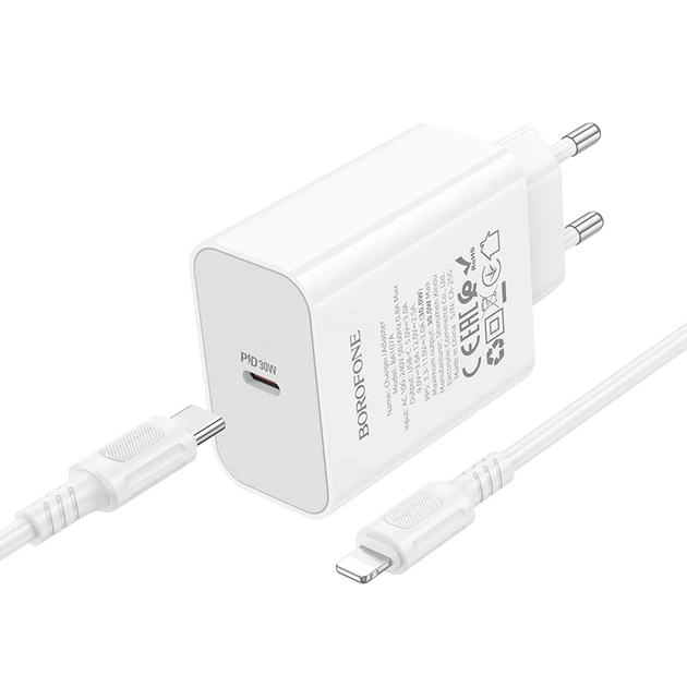 Мережевий зарядний пристрій BOROFONE BA107A Stellar single port PD30W charger set (C to iP) (EU) White - зображення 3