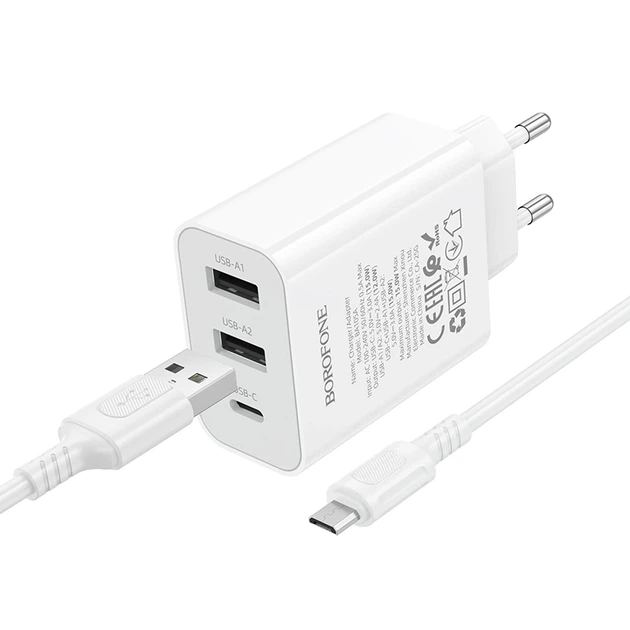 Мережевий зарядний пристрій з кабелем BOROFONE BA105A Stellar three-port charger set (Micro) (EU) White - зображення 3