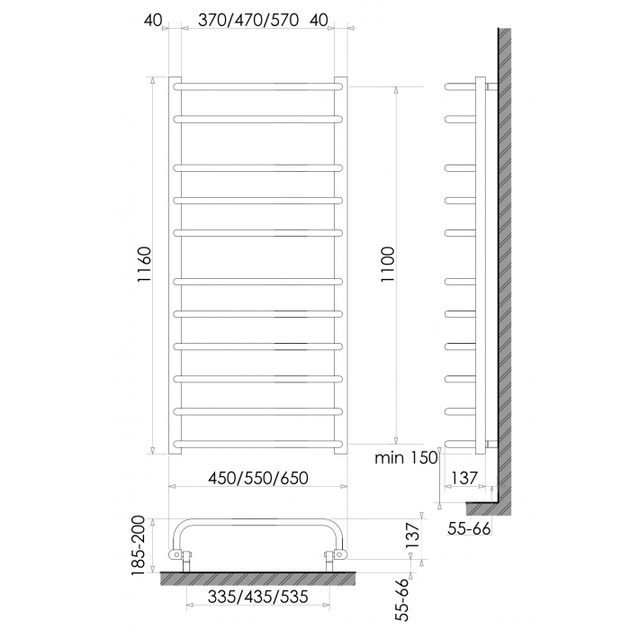 Рушникосушка електрична Polywarm EU11/55 bS 1160x550 вертикальна, чорна + регулятор (Wi-Fi) - зображення 2