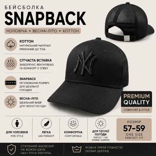 Бейсболка мужская snapback коттоновая с сеткой и вышевкой NYчерная весна-лето р.57-59 - Фото 4 Бейсболка мужская snapback коттоновая с сеткой и вышевкой NYчерная весна-лето р.57-59 - изображение 4