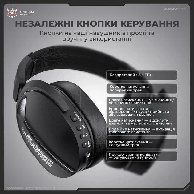 Ігрові бездротові навушники Onikuma GT887 з мікрофоном, геймерська гарнітура з шумоподавленням BT5.4/2.4G, Type-C, до 60 годин роботи Black - изображение 5