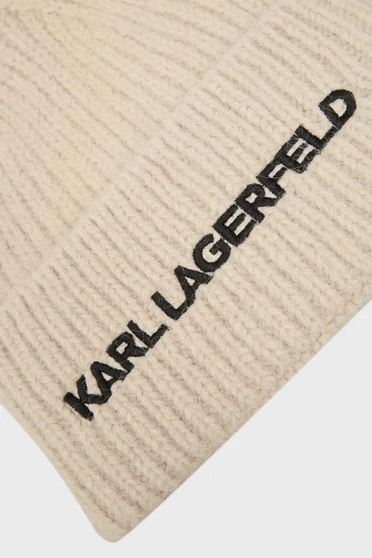 Жіноча бежева вовняна шапка K/ESSENTIAL BEANIE Karl Lagerfeld OS 246W3411 - изображение 3