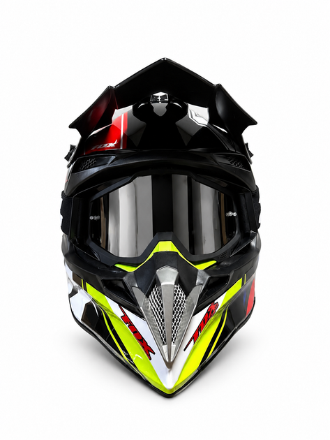 Шолом ендуро FOX Racing розмір XL з окулярами 100%, мотокросовий захисний шолом для ендуро, ATV, квадроцикла, пітбайка та бездоріжжя, чорно-біло-жовто-червоний спортивний дизайн з козирком і вентиляцією - зображення 3