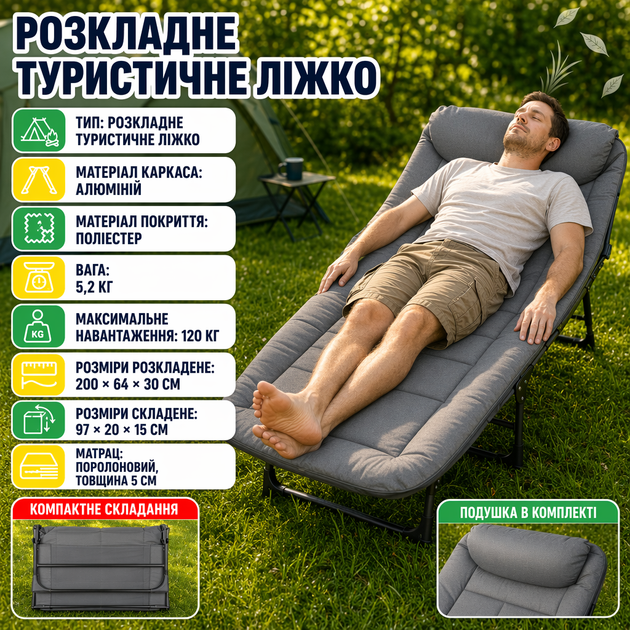 Раскладная туристическая кровать Bass Polska BH31005, 200 × 64 × 30 см - изображение 3