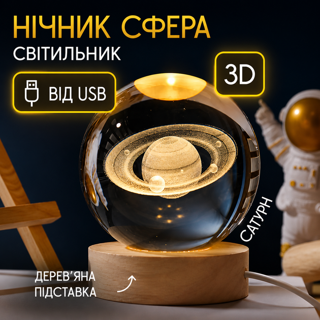 Світлодіодний світильник-нічник на дерев'яній підставці Сатурн 3D з LED-підсвічуванням USB нічник для спальні та дитячої кімнати тепле світло - зображення 9