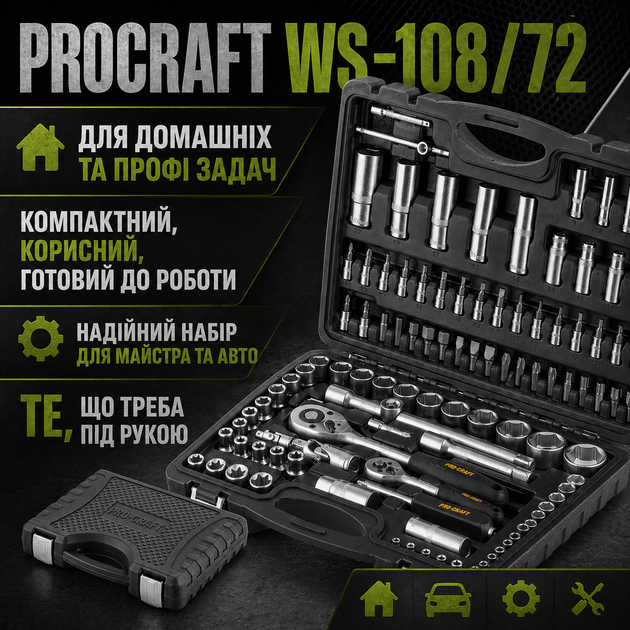 Набор инструментов ProCraft WS-108/72 108 предметов 1/4 и 1/2 в кейсе с трещотками на 72 зубца головками и битами - Фото 5 Набор инструментов ProCraft WS-108/72 108 предметов 1/4 и 1/2 в кейсе с трещотками на 72 зубца головками и битами - изображение 5