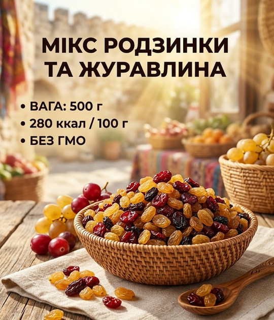 Микс клюквы и золотых изюма 500 г натуральная смесь сухофруктов - Фото 1 Микс клюквы и золотых изюма 500 г натуральная смесь сухофруктов - изображение 1