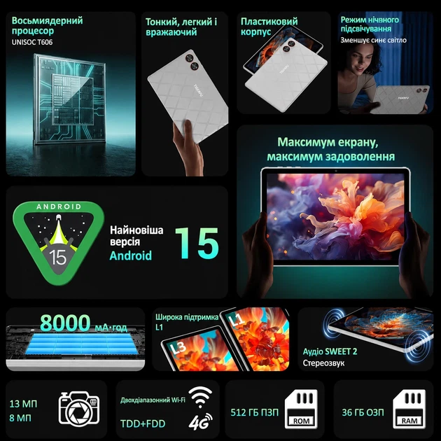 Планшет 11" Full HD TIGERFU M198 12+24/512Gb 4G 2 SIM 8 ядер Android 15 8000mAh Серебристый - изображение 2