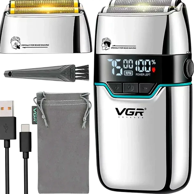 Электробритва V-350 5 Вт 7500 об/мин USB серебристая с двумя насадками для бритья бороды и головы - изображение 9