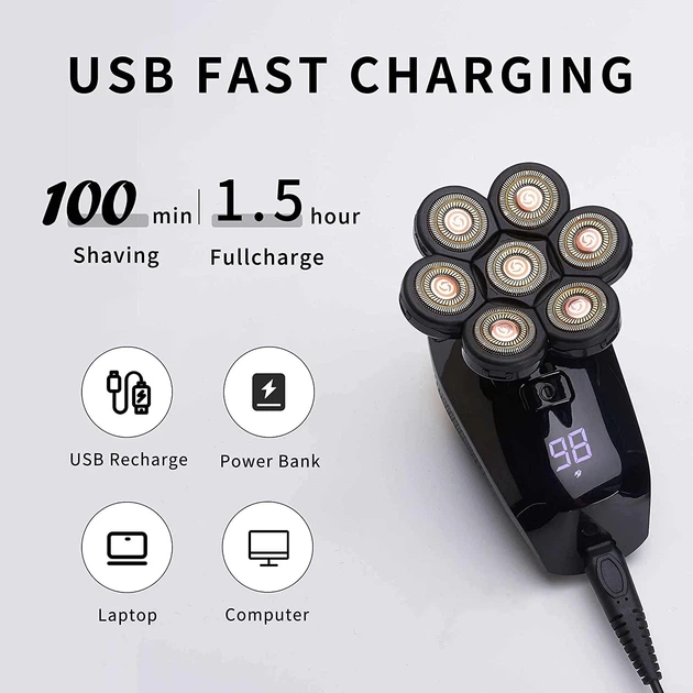 Водонепроницаемый электробритвенный набор с 7 насадками USB зарядка роторная бритва черный цвет для мужчин - изображение 3