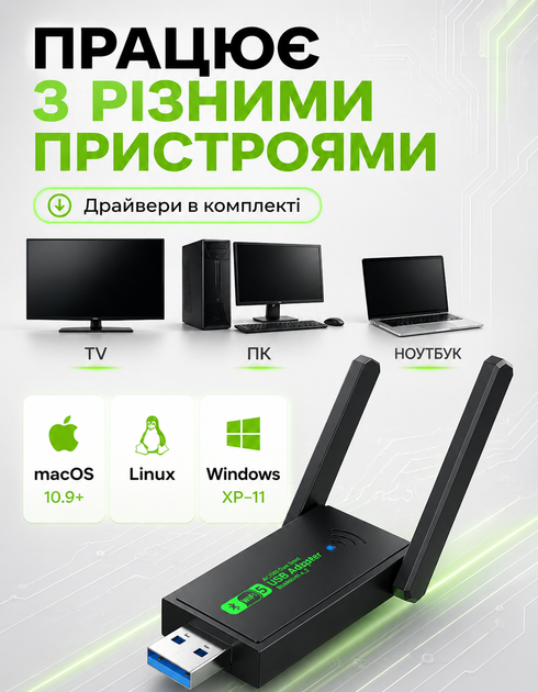 Адаптер Wi-Fi/Bluetooth для ПК та ноутбука до WIFI 5G двохдіапазонний 2.4/5ГГц 1300 Mbps і BT в USB3.0 бездротовий вай фай ресивер в комп'ютер Plug and Play + блютуз для навушників 2в1 + антени - зображення 4