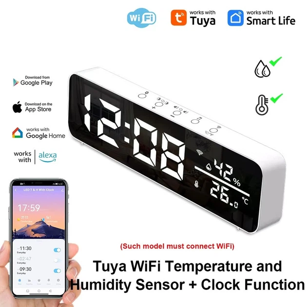 Смарт-часы Tuya WiFi с датчиком температуры и влажности, зеркальный большой LED-дисплей, будильник, Smart Life App - Фото 3 Смарт-часы Tuya WiFi с датчиком температуры и влажности, зеркальный большой LED-дисплей, будильник, Smart Life App - изображение 3
