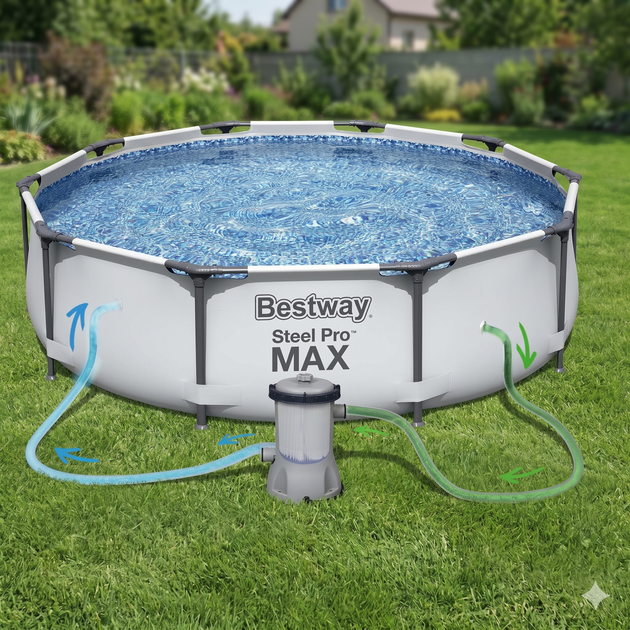 Каркасний басейн Bestway 56408 Steel Pro MAX 305x76 см з фільтр-насосом круглий сімейний басейн для дачі об'ємом 4678л для дорослих та дітей 3м для каркасні басейни дитячі металевий каркас 2025 року бествей - зображення 3
