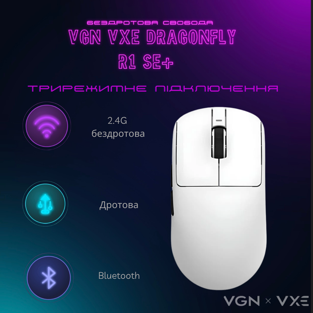 Миша бездротова VGN VXE Dragonfly R1 SE+ Wireless White - Фото 5 Миша бездротова VGN VXE Dragonfly R1 SE+ Wireless White - изображение 5
