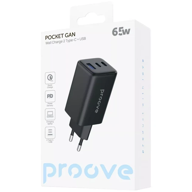 Зарядное для ноутбуков и телефонов Proove Pocket GaN 65W (2Type-C+USB) - изображение 2