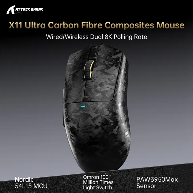 Ігрова бездротова мишка Attack Shark X11 ULTRA / Три режими підключення / Carbon Fiber / Сенсор PAW3950MAX / 42000 DPI / Black - зображення 3