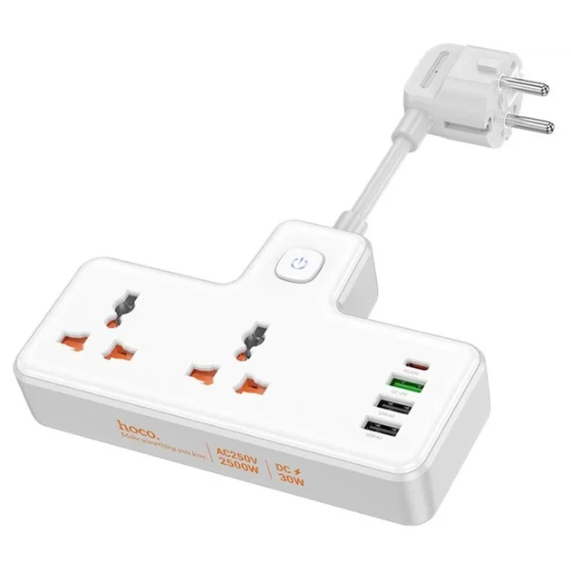 Мережевий подовжувач Hoco AC12A Reise 2-Position Expansion Socket (PD30W/1C3A) White - Фото 2 Мережевий подовжувач Hoco AC12A Reise 2-Position Expansion Socket (PD30W/1C3A) White - зображення 2