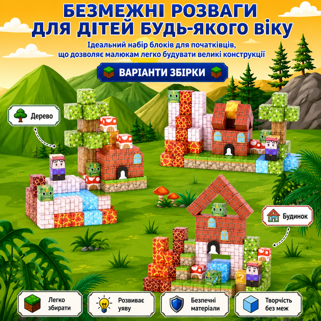 Магнітний конструктор Minecraft Будинок виживання з лавовим біомом 100 деталей для дітей від 3 років ПОРИНЬ У СВІТ МАЙНКРАФТУ - зображення 4