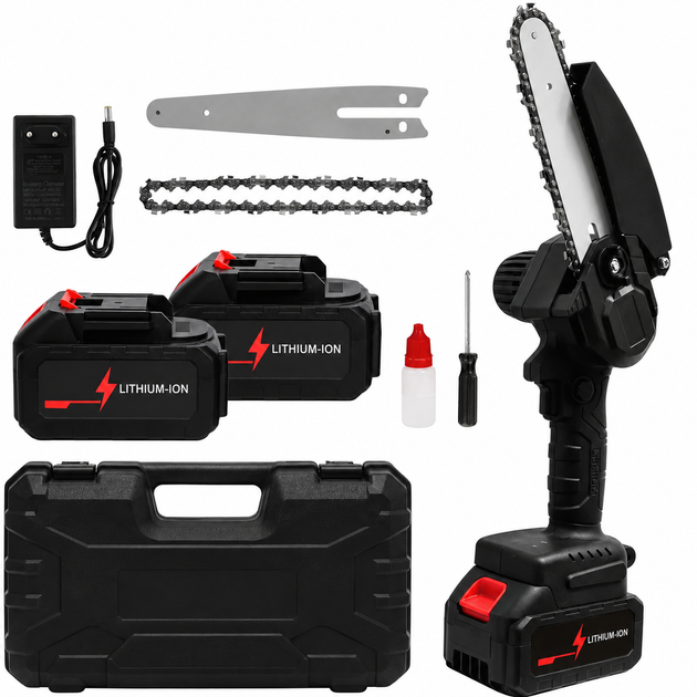Аккумуляторная цепная мини пила Electric Chain Saw 48V 8" дюймов 20см с 2 аккумуляторами для обрезки веток деревьев в кейсе - изображение 8