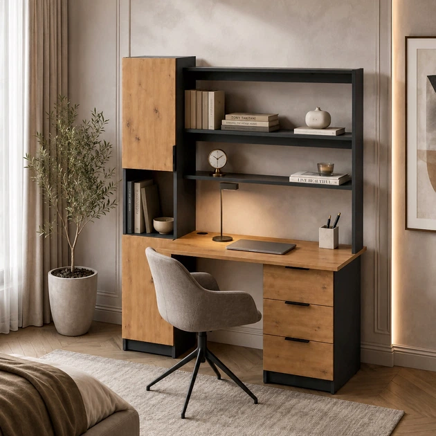 Письмовий стіл Malmo 1410*600*1800 з полицею, ящиками та пеналом, Дуб Артізан/Антрацит - Фото 1 Письмовий стіл Malmo 1410*600*1800 з полицею, ящиками та пеналом, Дуб Артізан/Антрацит - зображення 1