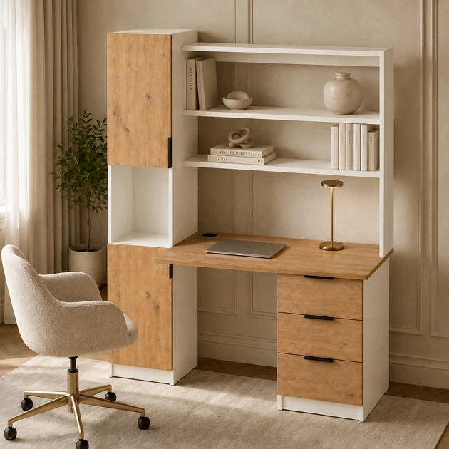 Письмовий стіл Malmo 1410*600*1800 з полицею, ящиками та пеналом, Дуб Артізан/Білий - зображення 2