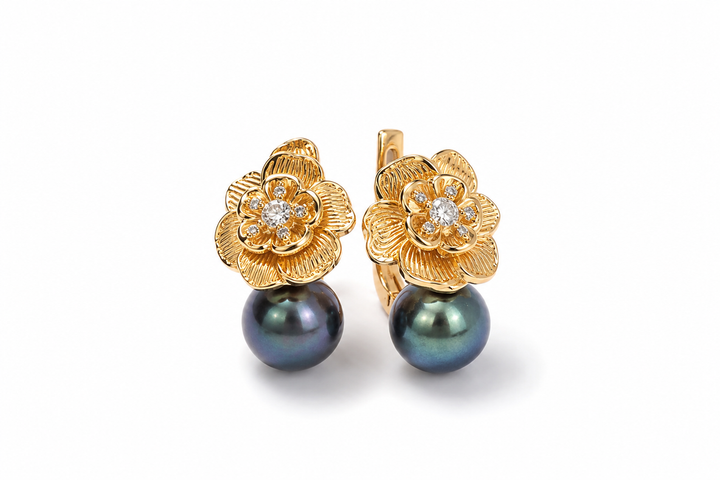 Серьги из желтого золота 585 пробы с черным жемчугом S-0399 - Фото 2 Серьги из желтого золота 585 пробы с черным жемчугом S-0399 - изображение 2