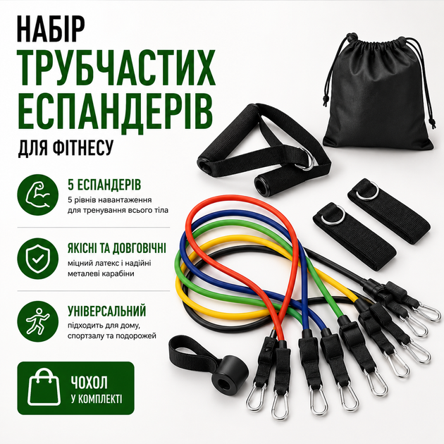Набор трубчатых эспандеров для фитнеса 5 штук многофункциональный комплект + чехол - Фото 1 Набор трубчатых эспандеров для фитнеса 5 штук многофункциональный комплект + чехол - изображение 1