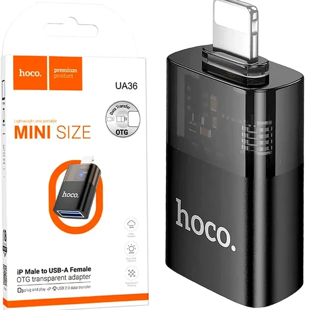 Адаптер Lightning USB Hoco UA36 OTG 480Mbps чорний алюмінієвий 34x10x17мм для підключення пристроїв - зображення 9